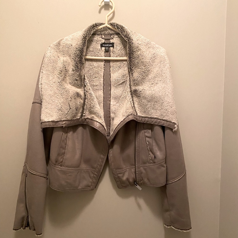 bebe. Silver cracked faux suede jacket.